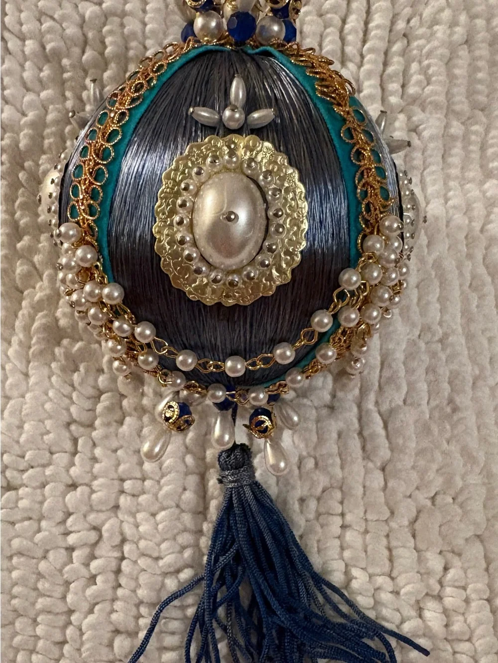 Handcrafted Blue and White Beaded Tassel Push Pin Ornament